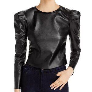 NWT BLOOMINGDALE'S AQUA Puff Sleeve Faux Leather Top size M